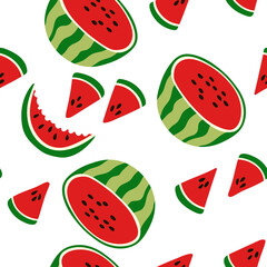 Seamless pattern with slices of red watermelons. Repeating endless elements. Juicy and tasty fruits for a summer print. Background for textiles, packaging, postcards, etc.