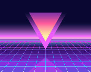 Glowing triangle. Retrowave, synthwave rave, vapor party background. Light grid landscape. Yesterday’s tomorrow. Retro, vintage 1980s, 1990s. Black, purple, pink, blue colors. Banner, print, wallpaper