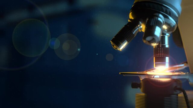 4K 60fps biochemistry research concept - scientific electronic microscope at work automatically on blue bokeh background, UHD CG animation