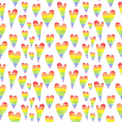 LGBT hearts pattern. Rainbow hearts seamless pattern isolated on white background. Watercolor hand drawn hearts.