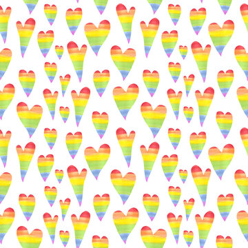 LGBT hearts pattern. Rainbow hearts seamless pattern isolated on white background. Watercolor hand drawn hearts.