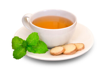 Closeup white cup of ginger tea with slice of mature ginger root and fresh green mint leaves isolated on white background with clipping path. Natural herbal plant ,healthy drink and beverage concept.