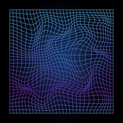 Distorted neon light grid pattern. Glitch. Retrowave, synthwave, vapor wave. Technology background. Yesterday’s tomorrow style. Black, purple, blue colors. Banner, print, wallpaper, web template