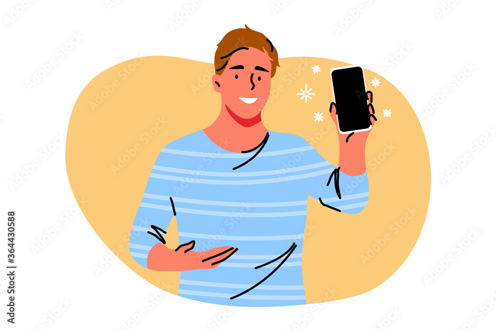 Wall mural Technology, advertisement, communication, presentation concept. Young happy man boy teenager character showing new smartphone. Promotion of innovative technological devices demonstration illustration.