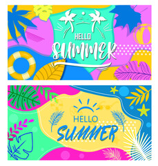 Summer banner vector set, backgrounds with copy space for text, have green color and pink color with some  yellow color, leaf, design by global stock image dot com
