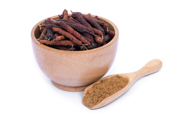 Dry Idian long pepper ( Piper Longum ,Piper retrofractum ) with powder isolated on white background. Herbal medical plant concept. 