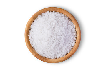 Closeup coarse or rock natural sea salt in brown bowl isolated on white background. Clipping path. Top view.	