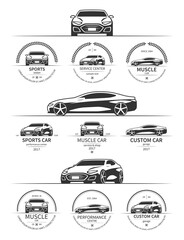 Set of modern sports car logo, emblems, badges isolated on white background. Vector illustration.