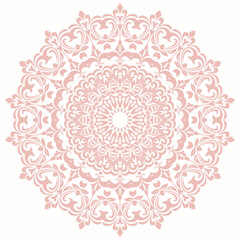 Oriental vector pattern with arabesques and floral elements. Traditional classic pink round ornament. Vintage pattern with arabesques