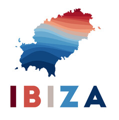 Ibiza map. Map of the island with beautiful geometric waves in red and blue colors. Vivid Ibiza shape. Vector illustration.