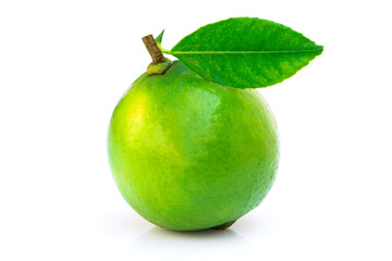 Close up fresh organic lime fruit with green leaf isolated on white background.