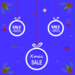 Xmas balls sale. Special Offer vector tag. New year holiday card 