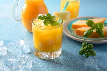 Refreshing drinks and citrus juices  with ice cubes, mint and watermelon. Summer concept 