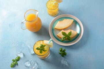 Refreshing drinks and citrus juices  with ice cubes, mint and watermelon. Summer concept 