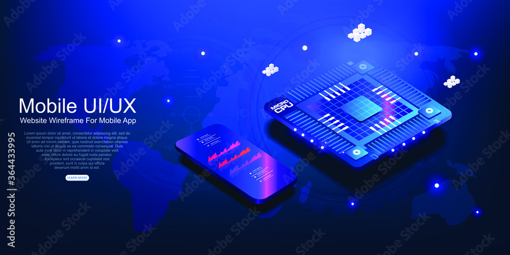 Poster futuristic microchip processor with mobile phone on dark blue background with lights. blockchain tec