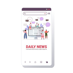 mix race people reading newspapers and discussing daily news chat bubble communication concept smartphone screen mobile app copy space vector illustration