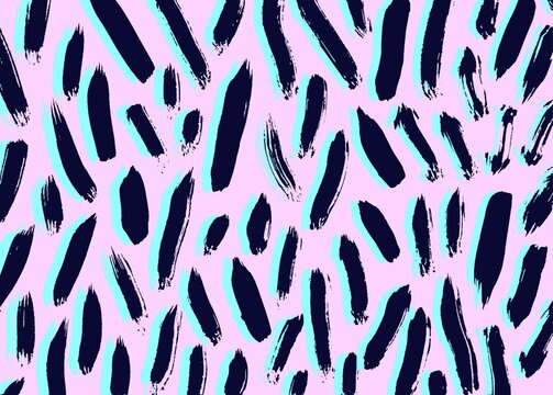 Brush stroke pattern. Zebra skin. Abstract painting. Trendy vintage, retro 80s, 90s. Cute vector artwork. Amazing hand drawn illustration. Black, pink, turquoise, blue colors. Banner, wallpaper, print