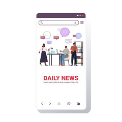 african american colleagues discussing daily news during meeting chat bubble communication concept smartphone screen businesspeople talking in office copy space vector illustration