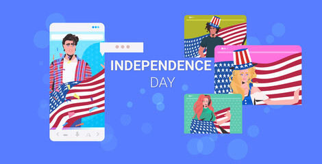 people holding usa flags 4th of july american independence day celebration chat bubble online communication concept horizontal portrait vector illustration