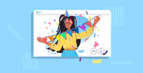 african american woman celebrating online party girl in web browser window holding colorful festive flags celebration concept portrait horizontal vector illustration