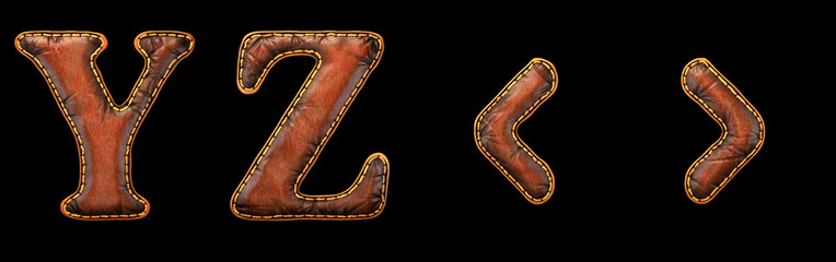 Set of leather letters Y, Z and symbol left, right angle bracket uppercase. 3D render font with skin texture isolated on black background.