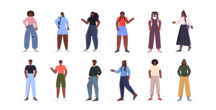 set people in casual trendy clothes african american men women standing in different poses male female cartoon characters collection full length isolated horizontal vector illustration