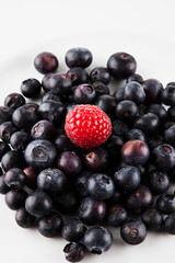 Raspberry on blueberry pile