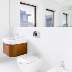 Modern white bathroom with wooden drawer