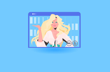 businesswoman having online briefing or virtual conference during video call remote work quarantine isolation concept business woman in web browser window portrait vector illustration