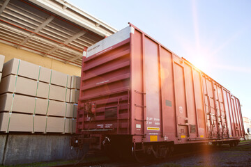 Industrial railway carriage transporting Lumber by rail