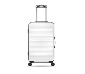 Luggage bag isolated on white background. Large suitcase with metal handle and wheels. Realistic vector illustration