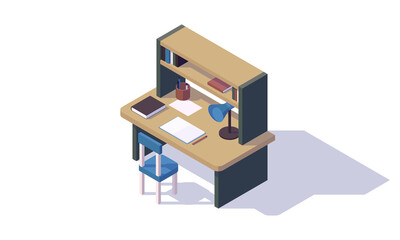 isometric work space, lamp, chair, book, notebook, pen, shelf, table, isolated, vector illustration