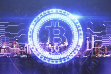 Multi exposure of cryptocurrency theme hologram drawing and city veiw background. Concept of...