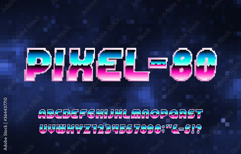Fototapete pixel-80 alphabet font. digital gradient letters and numbers. abstract pixel background. 80s arcade 