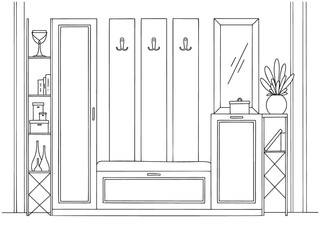 Sketch interior. Hallway furniture, various decorations and other elements. Vector illustration