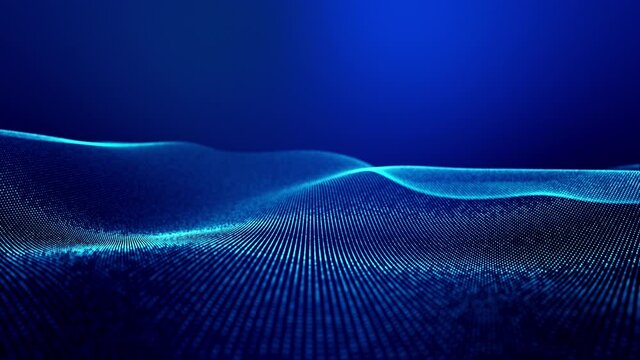 4k looped abstract background of glow particles form lines, surfaces as futuristic landscape in cyberspace or hologram. Sci-fi theme of microworld, nanotechnology or cosmic space. Blue