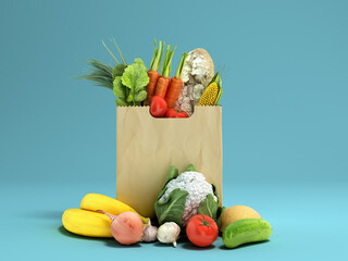 fresh food in a paper bag for products 3d render on blue gradient - 364438172