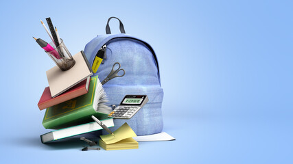 online learning concept Blue backpack with school supplies 3d render on blue gradient - obrazy, fototapety, plakaty