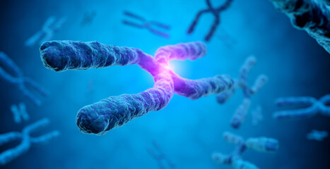 magnification of X chromosome with a glowing effect in a blue background, 3d illustration - concept of cloning and genetic mutation