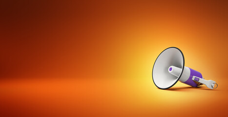 Fototapeta 3d illustration of purple megaphone in an orange background, concept of message announcement and commercial communication obraz