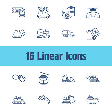 Logistics icon set and gasoline pipe with backhoe, tank truck and order processing. Coupon related logistics icon vector for web UI logo design.