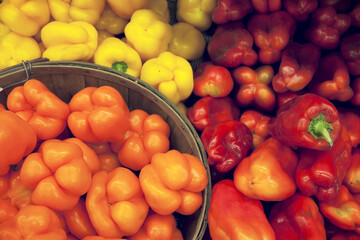 Multicolored bell peppers on display in market