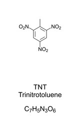 TNT, Trinitrotoluene chemical structure and formula. 2,4,6-trinitrotoluene, a chemical compound and yellow solid, known as explosive material with convenient handling properties. Illustration. Vector.