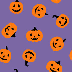 Vector seamless pattern with pumpkins for Halloween. Funny Halloween pattern on a purple background. Flat cartoon illustration. For fabric, wrapping paper, textiles.
