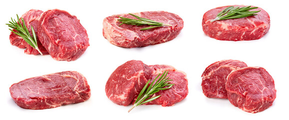 Steak meat collection. Steak beef with clipping path isolated on a white background. Fresh organic beef steak. Full depth of field