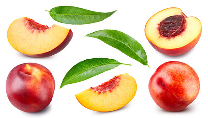 Peach collection. Peach fruits with green leaf isolated on white background. Peach with clipping path