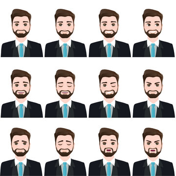 Men with different facial expressions. Man emotion set. Isolated vector illustration set.