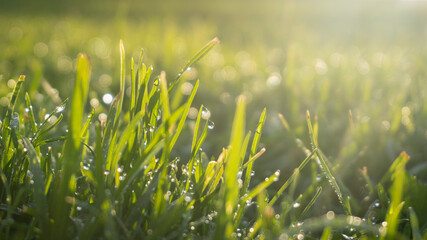 Fresh water drops of morning dew on green grass on a lush meadow backlit by morning sun