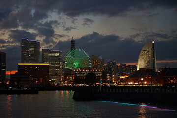 Night view of the high-rise building of the harbor city of Japan