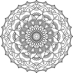 Circle mandala coloring page for adult. Black and white mandala poster. Relax and meditation. Beautiful nature ornament. 